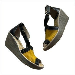 Fly London Yace Wedge Sandals Open-Toe Sling Back Casual Black Yellow 38